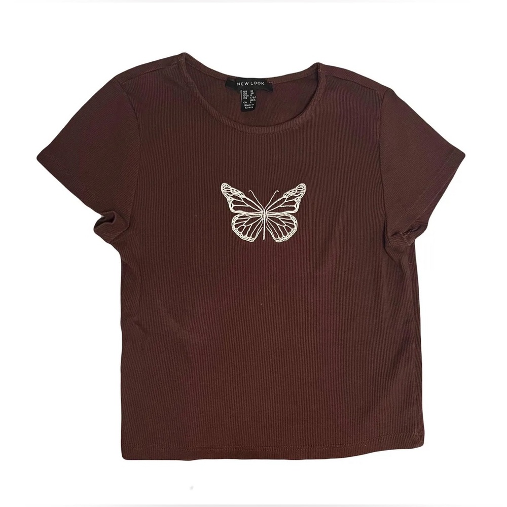 New Look Brown Ribbed Butterfly Logo T-shirt